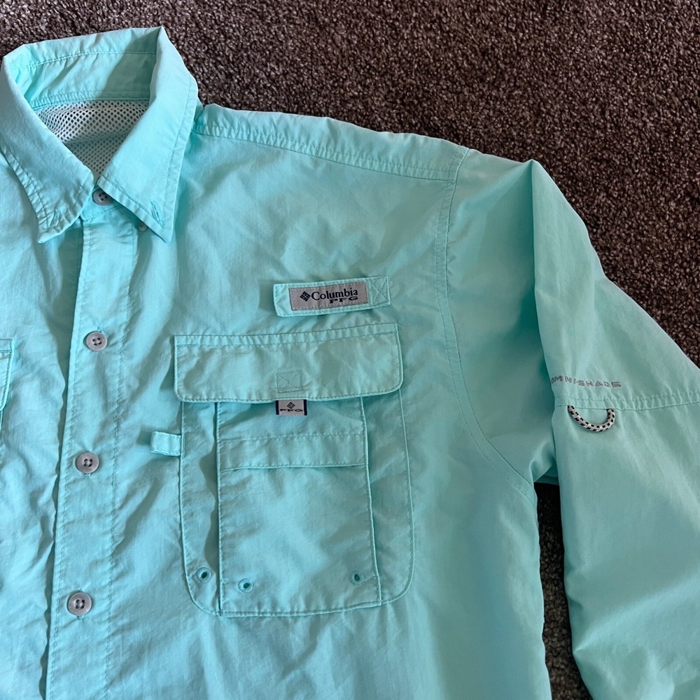 Columbia‎ PFG Fishing Shirt Omni-Shade Teal Roll-Up Long Sleeve Button Up - Picture 4 of 9